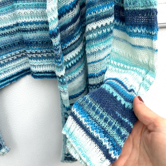 J Jill open front cardigan sweater large linen cotton blend blue striped knit - Picture 3 of 13